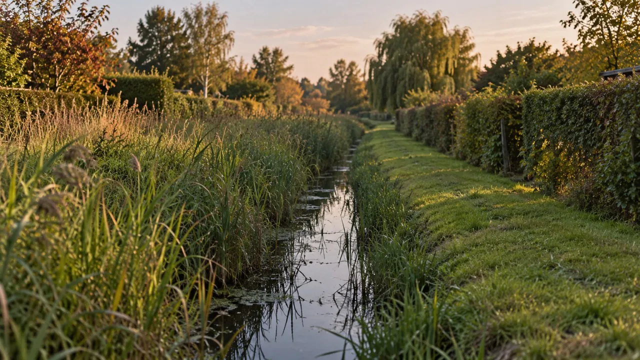 Schmaler, gerader Entwässerungsgraben mit Schilf und grasbewachsenen Ufern