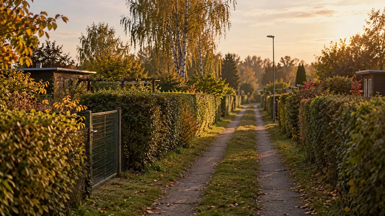 Gerader Spurweg mit Grasstreifen zwischen geschnittenen Hecken und einem Gartentor