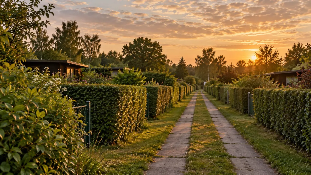 Betonspuren mit grünem Mittelstreifen zwischen Hecken und flachen Holzlauben bei Sonnenuntergang