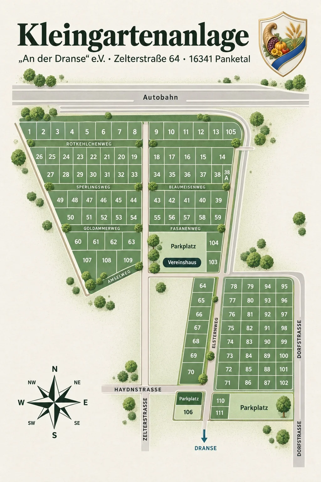 Der Lageplan der Anlage — Parzellen, Wege, Parkplätze und das Vereinshaus.
