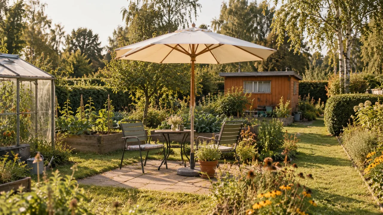 Heller Sonnenschirm vor einer kleinen Holzlaube, Hochbeeten und einem Gewächshaus